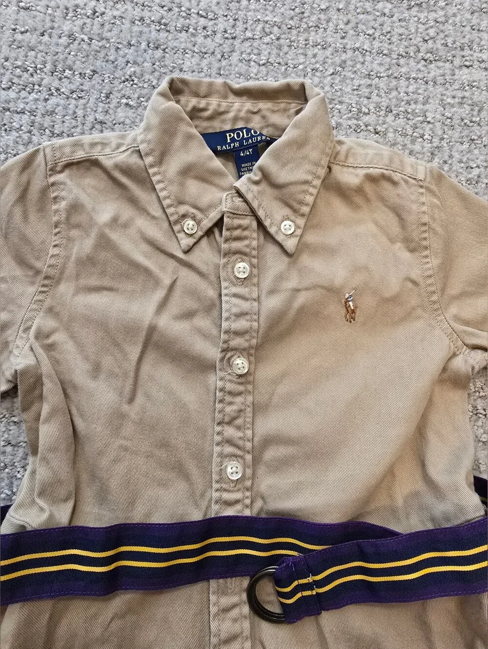 New Ralph Lauren Beige Button-Front Shirt Dress with Striped Belt